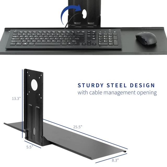 Alt view image 3 of 7 - Black VESA Mounted 26 x 8 in Keyboard Tray, MOUNT-KB03 | Computer Keyboard and Mouse Platform, VESA Keyboard Mount Attachment for Monitor Stands, Typing Comfort, Space Saving