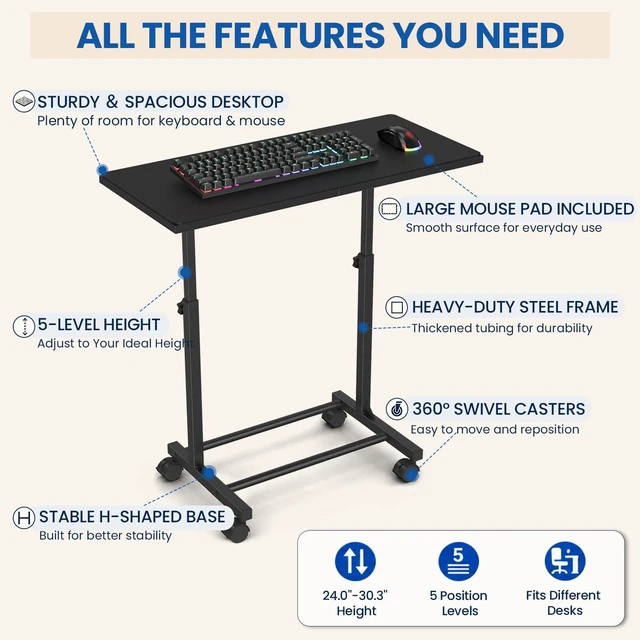 Alt view image 5 of 7 - Mobile Keyboard Tray with Mouse Pad, Adjustable Keyboard Stand | 5-Level Height Adjustment 21.6"-31.1", Keyboard Rolling Under-Desk Extender with Lockable Casters for Home Office