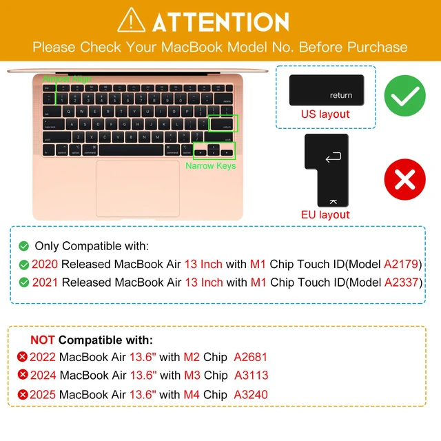 Alt view image 2 of 7 - Premium Ultra Thin Keyboard Cover for MacBook Air 13.3" 2021 2020 | Model A2179 A2337 M1 Chip, MacBook Air 13 inch M1 TPU Protective Skin(Not Fit 2022-2026 Air M2 M3 M4 M5 A2681 A3113 A3240)