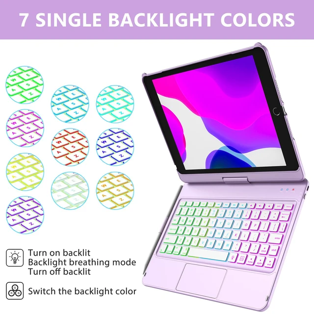 Alt view image 4 of 7 - 360° Keyboard Case for iPad 7th-9th Gen 10.2" | 10-Color Backlit, Bluetooth, Pencil Holder, Smart Wake/Sleep, Light Purple