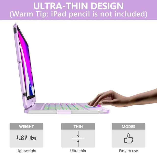 Alt view image 6 of 7 - 360° Keyboard Case for iPad 7th-9th Gen 10.2" | 10-Color Backlit, Bluetooth, Pencil Holder, Smart Wake/Sleep, Light Purple