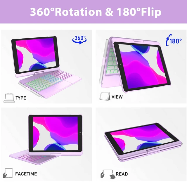 Alt view image 5 of 7 - 360° Keyboard Case for iPad 7th-9th Gen 10.2" | 10-Color Backlit, Bluetooth, Pencil Holder, Smart Wake/Sleep, Light Purple