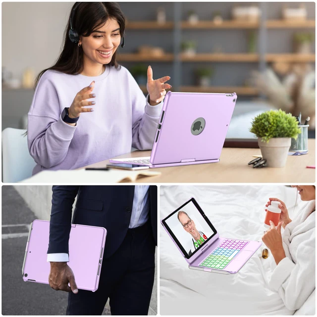 Alt view image 7 of 7 - 360° Keyboard Case for iPad 7th-9th Gen 10.2" | 10-Color Backlit, Bluetooth, Pencil Holder, Smart Wake/Sleep, Light Purple