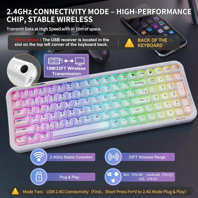 Alt view image 2 of 6 - White Crystal Lighted Keyboard Wireless,Light Up Jelly Transparent Keycaps | Bluetooth,2.4GHz&Wired Connection,Rechargeable Battery, Clear RGB Led Backlit Keycaps,Multi-Device Switch,for PC Mac Tablet