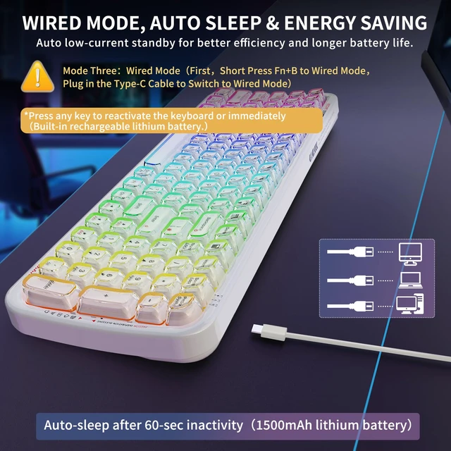 Alt view image 3 of 6 - White Crystal Lighted Keyboard Wireless,Light Up Jelly Transparent Keycaps | Bluetooth,2.4GHz&Wired Connection,Rechargeable Battery, Clear RGB Led Backlit Keycaps,Multi-Device Switch,for PC Mac Tablet