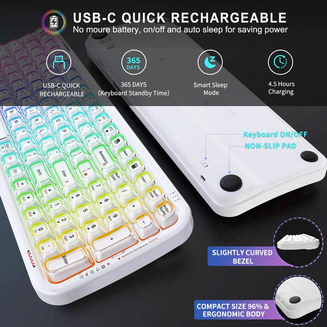 Alt view image 6 of 6 - White Crystal Lighted Keyboard Wireless,Light Up Jelly Transparent Keycaps | Bluetooth,2.4GHz&Wired Connection,Rechargeable Battery, Clear RGB Led Backlit Keycaps,Multi-Device Switch,for PC Mac Tablet