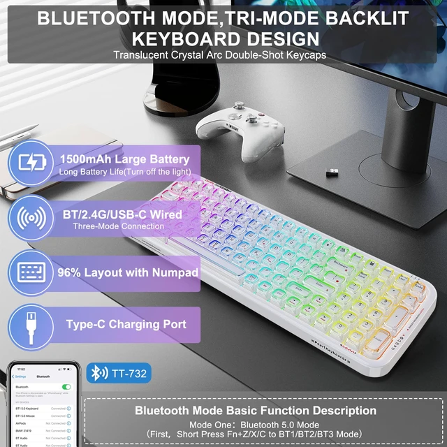 Alt view image 4 of 6 - White Crystal Lighted Keyboard Wireless,Light Up Jelly Transparent Keycaps | Bluetooth,2.4GHz&Wired Connection,Rechargeable Battery, Clear RGB Led Backlit Keycaps,Multi-Device Switch,for PC Mac Tablet