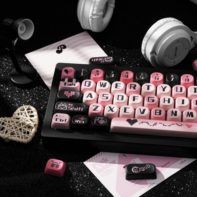 Alt view image 3 of 7 - PBT Keycaps Black Pink Love Cute 131 Keys Key Cap for Cherry MX | MOA Profile, Dye Sublimation Legends, 60%-100% Layouts, Custom Keycaps, Keyboard DIY, Desk Decor, Daily Typing, Office Use