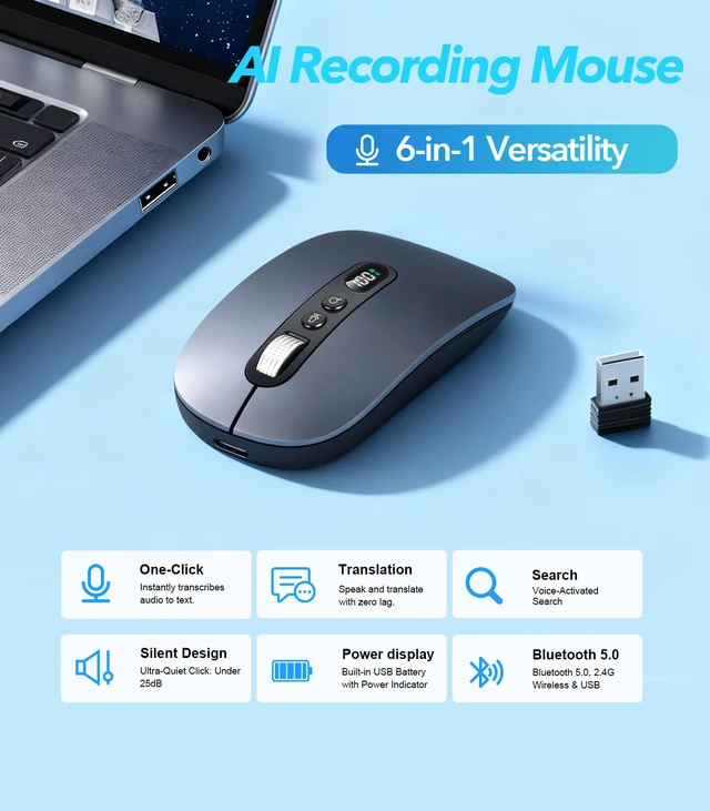 Alt view image 2 of 7 - AI Wireless Mouse with Voice-to-Text & 200+ Language Translator, Bluetooth 5.0 Wireless Silent Mouse for MacBook/PC/Laptop,USB-C Rechargeable, Smart AI Writing for Office & Meetings