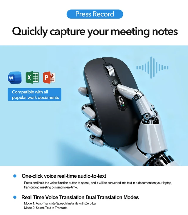 Alt view image 3 of 7 - AI Wireless Mouse with Voice-to-Text & 200+ Language Translator, Bluetooth 5.0 Wireless Silent Mouse for MacBook/PC/Laptop,USB-C Rechargeable, Smart AI Writing for Office & Meetings