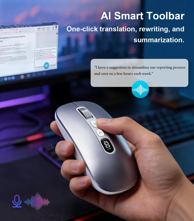 Alt view image 2 of 7 - AI Wireless Mouse with Voice-to-Text & 200+ Language Translator, Bluetooth 5.0 Wireless Silent Mouse for MacBook/PC/Laptop,USB-C Rechargeable, Smart AI Writing for Office & Meetings-Silver
