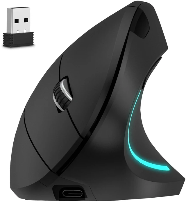 Main image of Ergonomic Vertical Rechargeable Wireless Mouse | Auto Pair USB Dongle, 6 Buttons, 3 Adjustable DPI Levels (800/1200/2400), Compatible for PC, Laptop, Mac, Chromebook - Black
