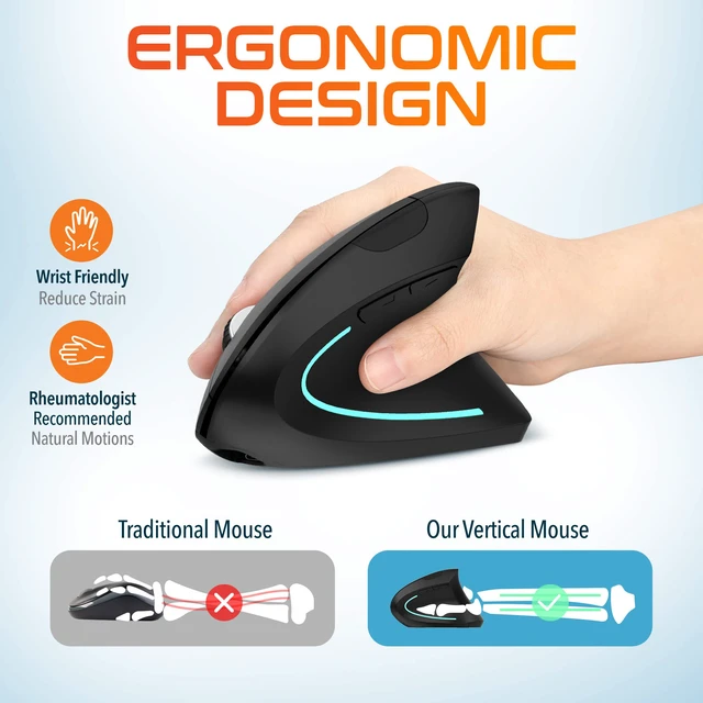 Alt view image 2 of 7 - Ergonomic Vertical Rechargeable Wireless Mouse | Auto Pair USB Dongle, 6 Buttons, 3 Adjustable DPI Levels (800/1200/2400), Compatible for PC, Laptop, Mac, Chromebook - Black