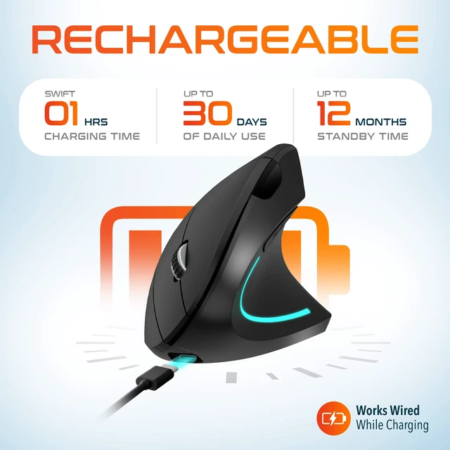 Alt view image 4 of 7 - Ergonomic Vertical Rechargeable Wireless Mouse | Auto Pair USB Dongle, 6 Buttons, 3 Adjustable DPI Levels (800/1200/2400), Compatible for PC, Laptop, Mac, Chromebook - Black