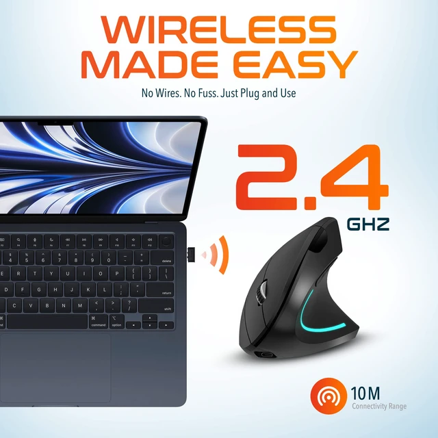Alt view image 3 of 7 - Ergonomic Vertical Rechargeable Wireless Mouse | Auto Pair USB Dongle, 6 Buttons, 3 Adjustable DPI Levels (800/1200/2400), Compatible for PC, Laptop, Mac, Chromebook - Black