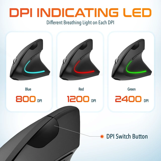 Alt view image 6 of 7 - Ergonomic Vertical Rechargeable Wireless Mouse | Auto Pair USB Dongle, 6 Buttons, 3 Adjustable DPI Levels (800/1200/2400), Compatible for PC, Laptop, Mac, Chromebook - Black