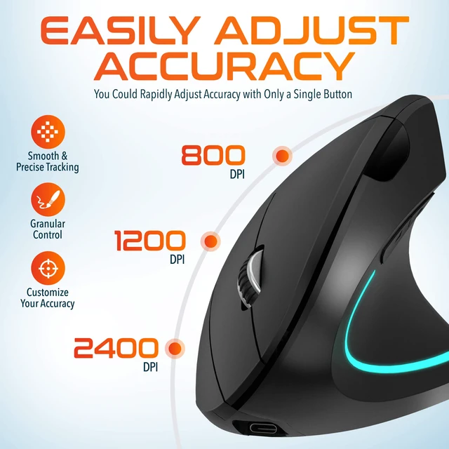 Alt view image 7 of 7 - Ergonomic Vertical Rechargeable Wireless Mouse | Auto Pair USB Dongle, 6 Buttons, 3 Adjustable DPI Levels (800/1200/2400), Compatible for PC, Laptop, Mac, Chromebook - Black