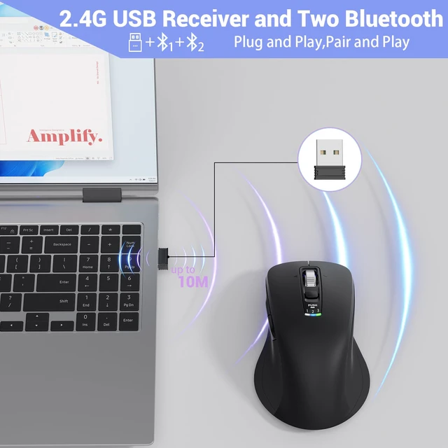 Alt view image 3 of 7 - L511 Wireless Bluetooth Mouse, Multi-Device Programmable Mouse. | 2.4G USB + 2 Bluetooth, Silent, 4 Way Scrolling, Full Size Design for Computer, Laptop, MacBook, iPad.