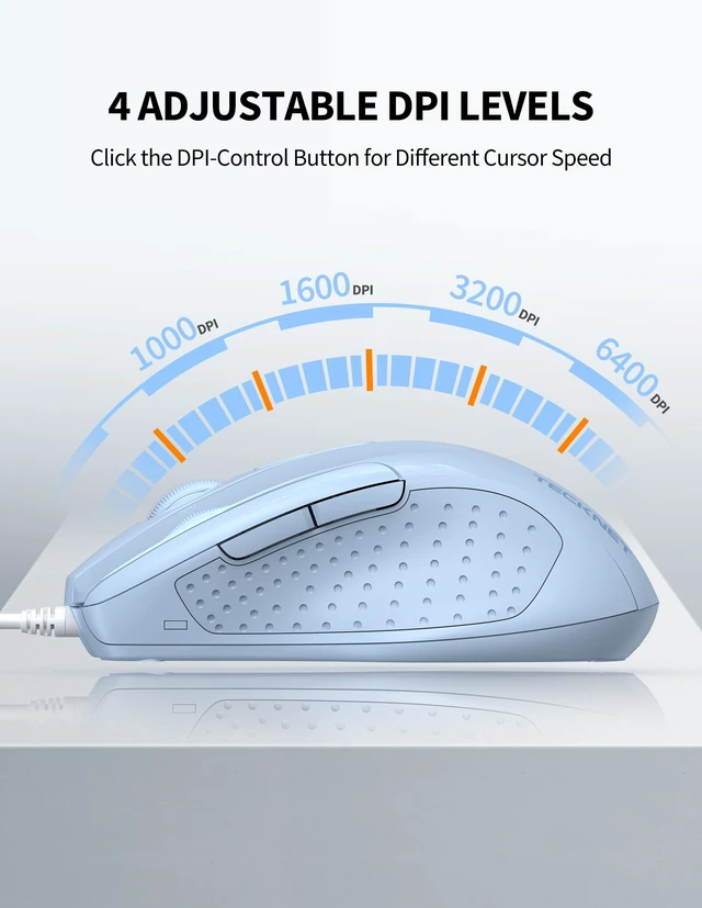 Alt view image 2 of 7 - Wired Mouse, 6-Button Corded with 4 Adjustable DPI, Optical Mouse with Ergonomic Design and 5FT Cord for Laptop, Chromebook, PC, Desktop, Mac, Notebook - LT.Blue