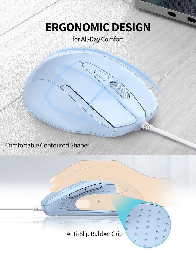 Alt view image 4 of 7 - Wired Mouse, 6-Button Corded with 4 Adjustable DPI, Optical Mouse with Ergonomic Design and 5FT Cord for Laptop, Chromebook, PC, Desktop, Mac, Notebook - LT.Blue