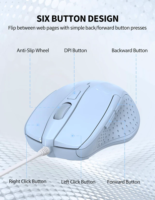 Alt view image 7 of 7 - Wired Mouse, 6-Button Corded with 4 Adjustable DPI, Optical Mouse with Ergonomic Design and 5FT Cord for Laptop, Chromebook, PC, Desktop, Mac, Notebook - LT.Blue