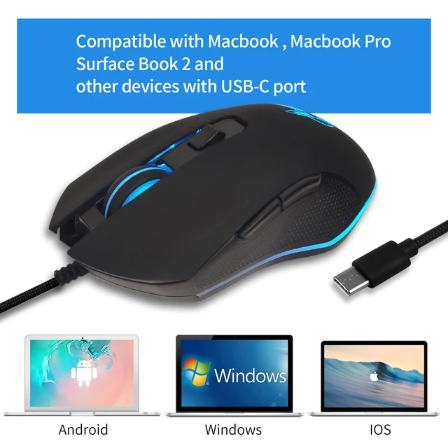 Alt view image 2 of 7 - USB Type C Wired Mouse 2400 DPI Gaming Mice for Office Home Black | Wired Mouse Ergonomic 7 Backlight 6 Buttons Silent Compatible with Windows PC, Laptop, Computer and More USB Type C Devices