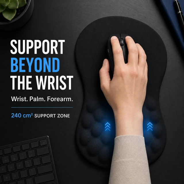 Alt view image 3 of 7 - Ergonomic Mouse Pad with Wrist Rest, Large 12x8 inch, Black | Memory Foam, Dual-Slope Wrist Support, Non-Slip, For Office & Gaming