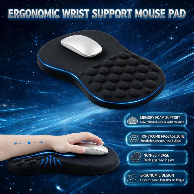 Alt view image 3 of 7 - Ergonomic Mouse Pad with Memory Foam Wrist Rest - 12.3 x 8.3 inch Extended Desk Mat, Smooth Lycra Surface, Non-Slip PU Base, Sloped Wrist Cushion for Office Computer Laptop (Black)