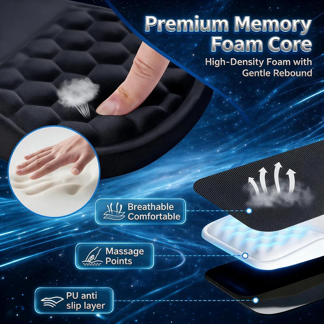 Alt view image 4 of 7 - Ergonomic Mouse Pad with Memory Foam Wrist Rest - 12.3 x 8.3 inch Extended Desk Mat, Smooth Lycra Surface, Non-Slip PU Base, Sloped Wrist Cushion for Office Computer Laptop (Black)