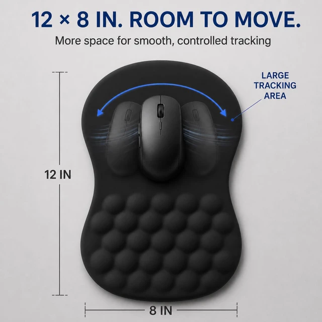 Alt view image 6 of 7 - Ergonomic Mouse Pad with Wrist Rest, Large 12x8 inch, Black | Memory Foam, Dual-Slope Wrist Support, Non-Slip, For Office & Gaming