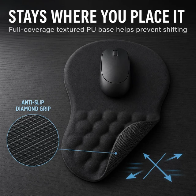 Alt view image 5 of 7 - Ergonomic Mouse Pad with Wrist Rest, Large 12x8 inch, Black | Memory Foam, Dual-Slope Wrist Support, Non-Slip, For Office & Gaming