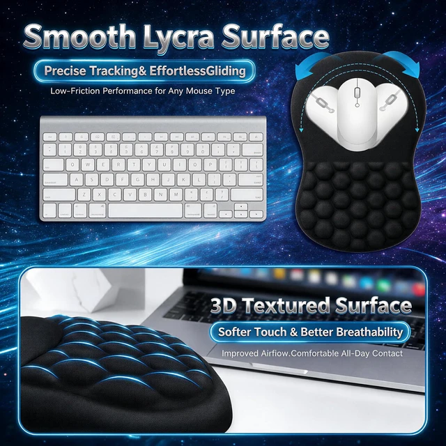 Alt view image 7 of 7 - Ergonomic Mouse Pad with Memory Foam Wrist Rest - 12.3 x 8.3 inch Extended Desk Mat, Smooth Lycra Surface, Non-Slip PU Base, Sloped Wrist Cushion for Office Computer Laptop (Black)
