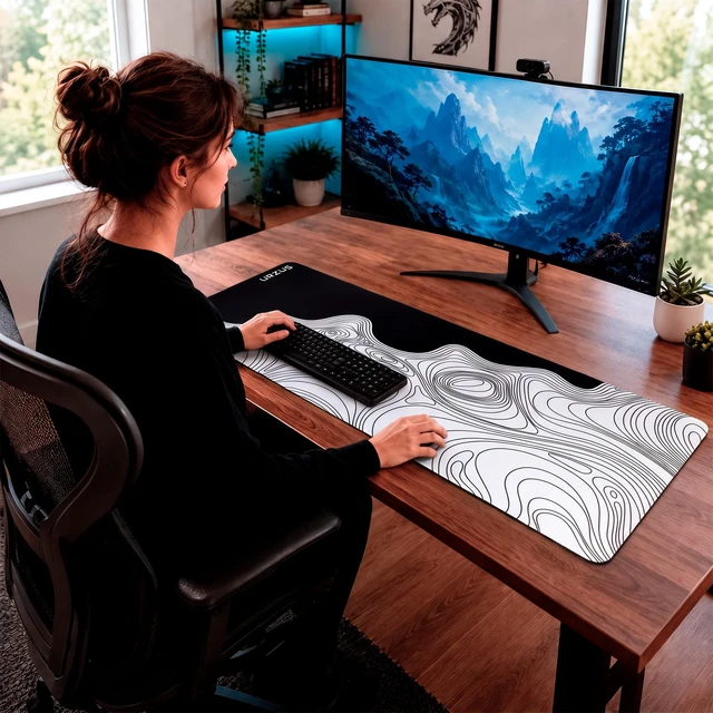Alt view image 2 of 7 - Large Black and White Gaming Mouse Pad, Waterproof Desk Mat for Keyboard and Mouse, Stitched Edge Mousepad with Non-Slip Rubber Base, 31.5x11.8 inch Desk Pad for Home and Office