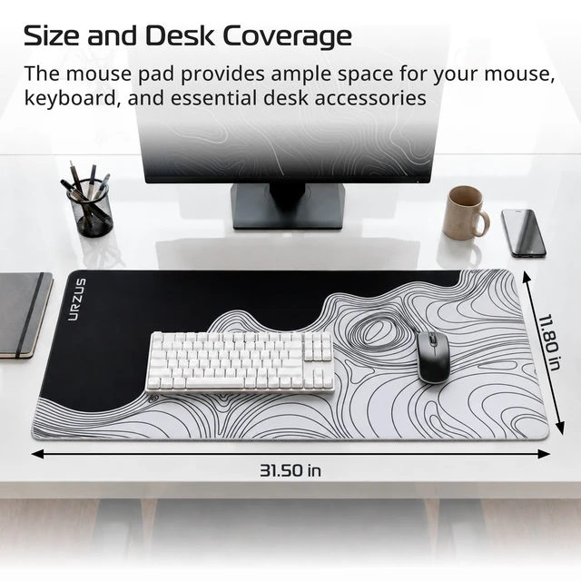 Alt view image 5 of 7 - Large Black and White Gaming Mouse Pad, Waterproof Desk Mat for Keyboard and Mouse, Stitched Edge Mousepad with Non-Slip Rubber Base, 31.5x11.8 inch Desk Pad for Home and Office