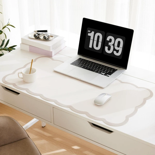 Main image of Scalloped Desk Mat, 31.5" x 15.7" Large Cute Aesthetic Desk Accessories, PU Leather Computer Laptop Desk Mouse Keyboard Pad, Desk Writing Mat for Vanity/Work/Home Decor (Beige, 31.5" x 15.7")