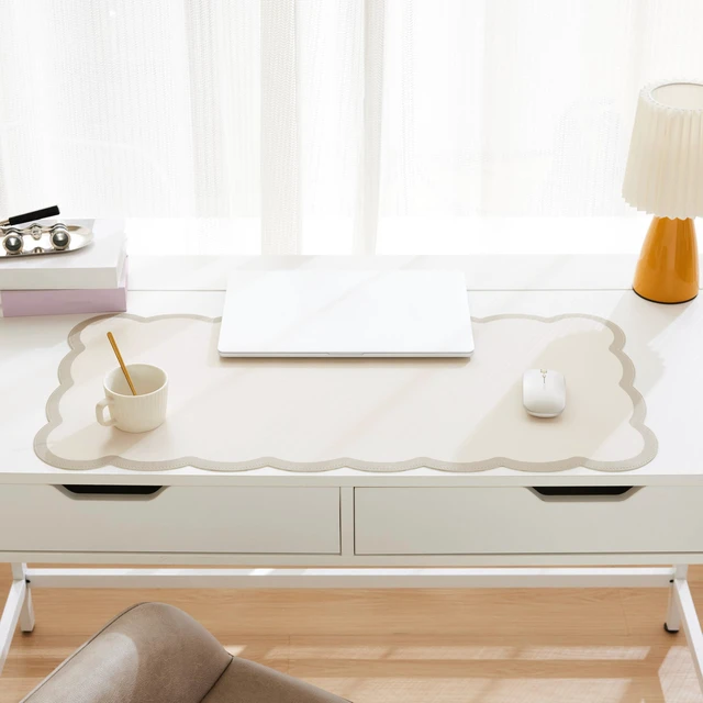 Alt view image 2 of 6 - Scalloped Desk Mat, 31.5" x 15.7" Large Cute Aesthetic Desk Accessories, PU Leather Computer Laptop Desk Mouse Keyboard Pad, Desk Writing Mat for Vanity/Work/Home Decor (Beige, 31.5" x 15.7")