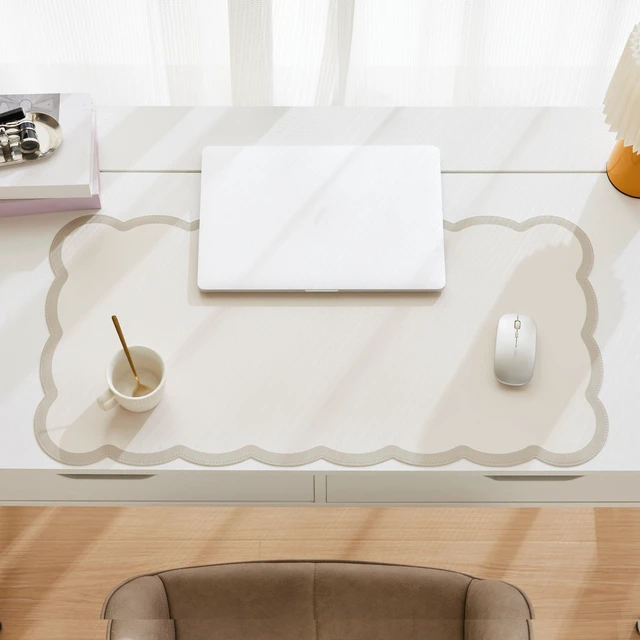 Alt view image 3 of 6 - Scalloped Desk Mat, 31.5" x 15.7" Large Cute Aesthetic Desk Accessories, PU Leather Computer Laptop Desk Mouse Keyboard Pad, Desk Writing Mat for Vanity/Work/Home Decor (Beige, 31.5" x 15.7")