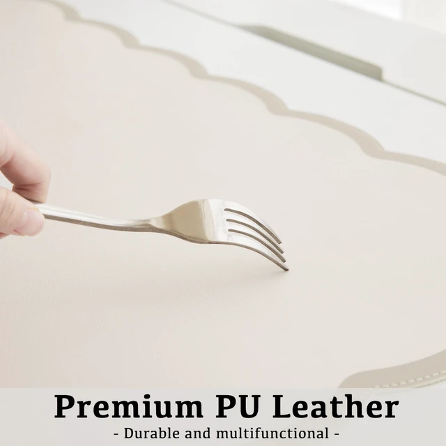 Alt view image 4 of 6 - Scalloped Desk Mat, 31.5" x 15.7" Large Cute Aesthetic Desk Accessories, PU Leather Computer Laptop Desk Mouse Keyboard Pad, Desk Writing Mat for Vanity/Work/Home Decor (Beige, 31.5" x 15.7")