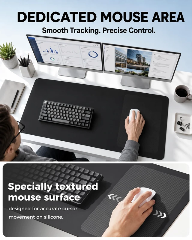 Alt view image 2 of 7 - Silicone Desk Mat Mouse Pad, 31.5" x 15.7", Black | Dedicated Textured Mouse Area, Waterproof, Heat-Resistant, Non-Slip Silicone, Washable