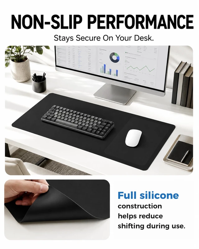 Alt view image 5 of 7 - Silicone Desk Mat Mouse Pad, 31.5" x 15.7", Black | Dedicated Textured Mouse Area, Waterproof, Heat-Resistant, Non-Slip Silicone, Washable