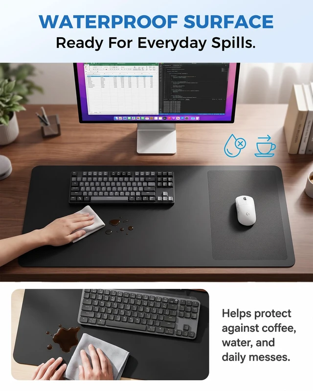 Alt view image 6 of 7 - Silicone Desk Mat Mouse Pad, 31.5" x 15.7", Black | Dedicated Textured Mouse Area, Waterproof, Heat-Resistant, Non-Slip Silicone, Washable