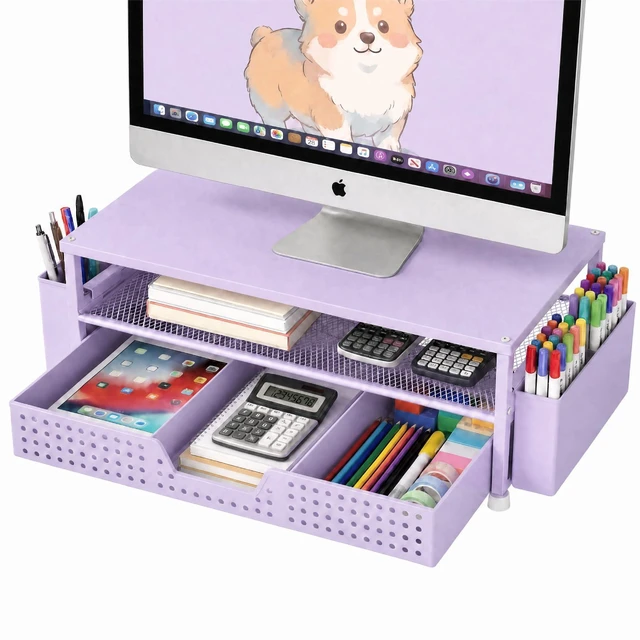 Main image of Desk Organizer and Accessories, 2-Tier Computer Monitor Stand Rise with Storage Drawer & 2 Pen Holders, Laptop & Printer Stand for Desktop, Workspace Organizers for Office Supplies (Purple)