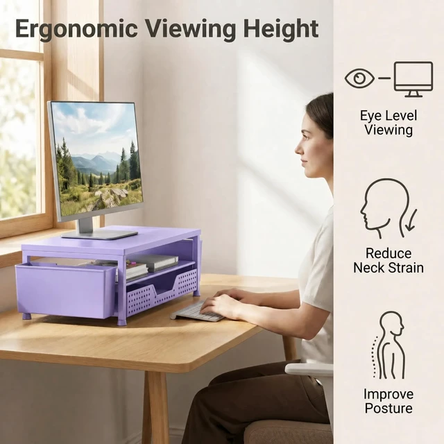 Alt view image 2 of 7 - Desk Organizer and Accessories, 2-Tier Computer Monitor Stand Rise with Storage Drawer & 2 Pen Holders, Laptop & Printer Stand for Desktop, Workspace Organizers for Office Supplies (Purple)