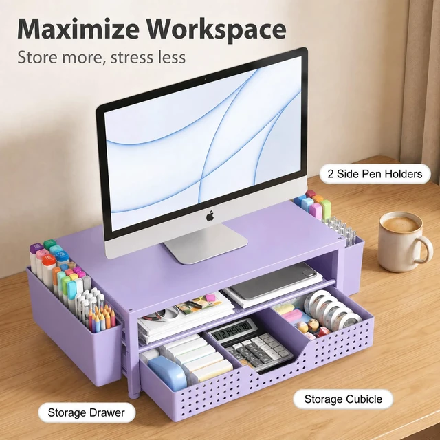 Alt view image 3 of 7 - Desk Organizer and Accessories, 2-Tier Computer Monitor Stand Rise with Storage Drawer & 2 Pen Holders, Laptop & Printer Stand for Desktop, Workspace Organizers for Office Supplies (Purple)