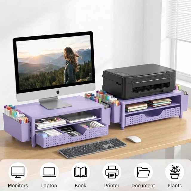 Alt view image 4 of 7 - Desk Organizer and Accessories, 2-Tier Computer Monitor Stand Rise with Storage Drawer & 2 Pen Holders, Laptop & Printer Stand for Desktop, Workspace Organizers for Office Supplies (Purple)