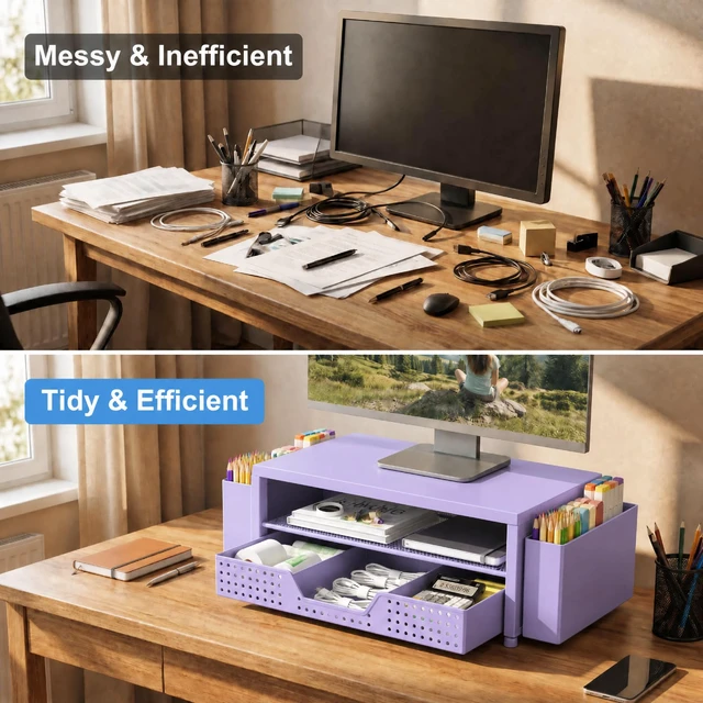 Alt view image 5 of 7 - Desk Organizer and Accessories, 2-Tier Computer Monitor Stand Rise with Storage Drawer & 2 Pen Holders, Laptop & Printer Stand for Desktop, Workspace Organizers for Office Supplies (Purple)