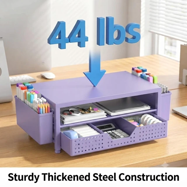 Alt view image 6 of 7 - Desk Organizer and Accessories, 2-Tier Computer Monitor Stand Rise with Storage Drawer & 2 Pen Holders, Laptop & Printer Stand for Desktop, Workspace Organizers for Office Supplies (Purple)