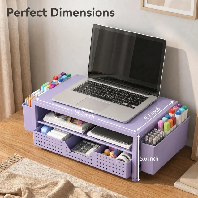 Alt view image 7 of 7 - Desk Organizer and Accessories, 2-Tier Computer Monitor Stand Rise with Storage Drawer & 2 Pen Holders, Laptop & Printer Stand for Desktop, Workspace Organizers for Office Supplies (Purple)
