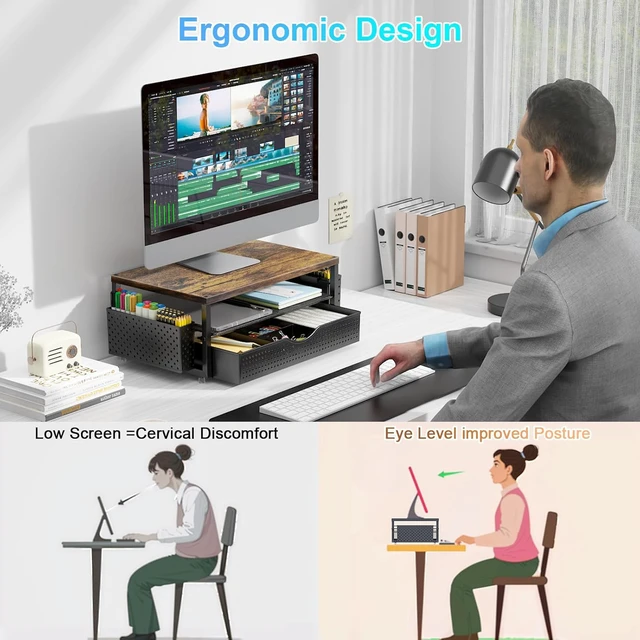 Alt view image 2 of 7 - Desk Organizers and Accessories, Monitor Stand with Drawer and 2 Pen Holder, Desktop Organizer Suitable for Offices and Dormitories (Wood)