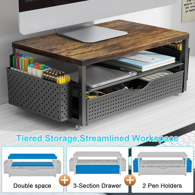 Alt view image 3 of 7 - Desk Organizers and Accessories, Monitor Stand with Drawer and 2 Pen Holder, Desktop Organizer Suitable for Offices and Dormitories (Wood)